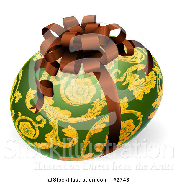 Vector Illustration of a 3d Green and Gold Patterned Easter Egg with a Bow