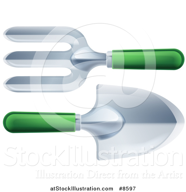 Vector Illustration of a 3d Green Handled Garden Fork and Spade