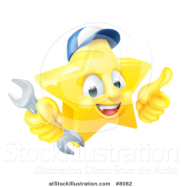 Vector Illustration of a 3d Happy Golden Mechanic Star Emoji Emoticon Character Wearing a Hat, Giving a Thumb up and Holding a Wrench