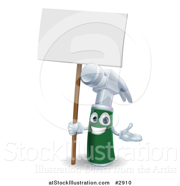 Vector Illustration of a 3d Happy Green and Silver Hammer Mascot Holding a Sign