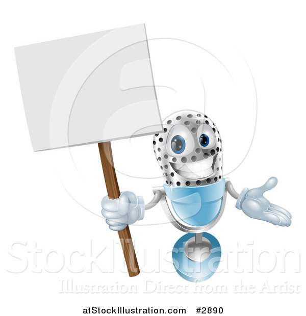 Vector Illustration of a 3d Happy Microphone Mascot Holding a Sign