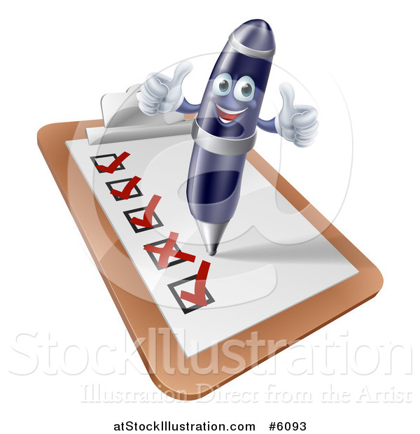 Vector Illustration of a 3d Happy Pen Holding Two Thumbs up and Completing a Check List