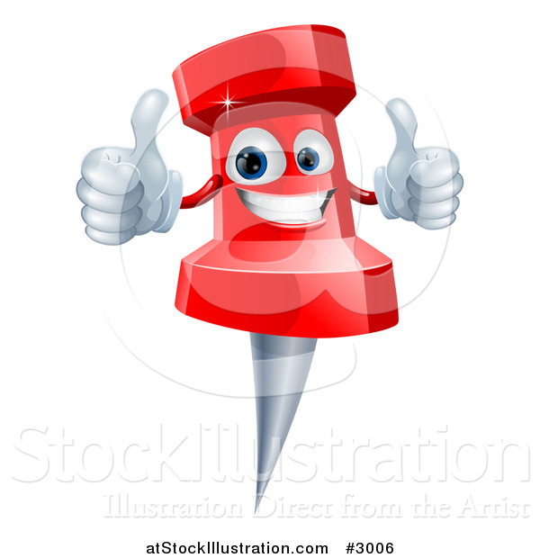 Vector Illustration of a 3d Happy Red Push Pin Mascot Holding Two Thumbs up