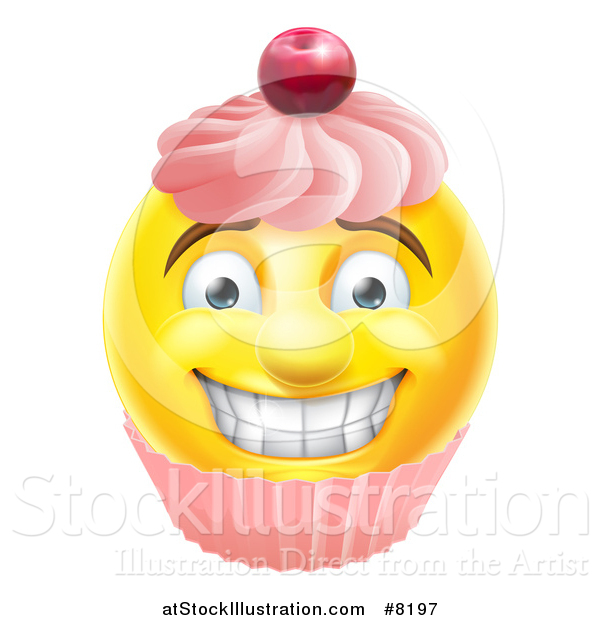 Vector Illustration of a 3d Happy Yellow Male Smiley Emoji Emoticon Face Cupcake
