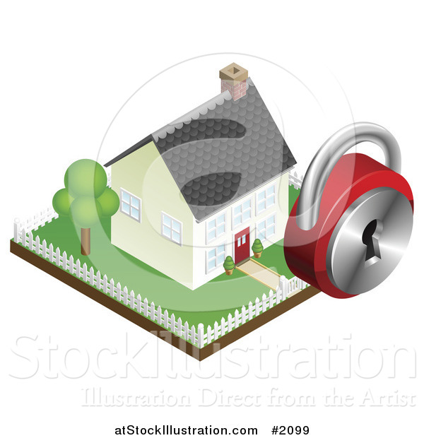 Vector Illustration of a 3d Home Security Padlock over a Fenced Yard and Home