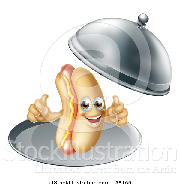 Vector Illustration of a 3d Hot Dog Character Giving Two Thumbs up and Being Served in a Cloche Platter