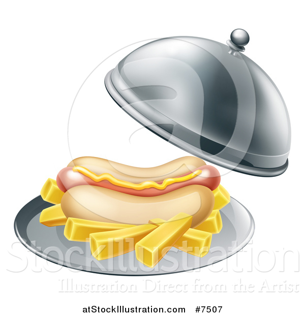 Vector Illustration of a 3d Hot Dog with a Side of French Fries Being Served in a Cloche Platter