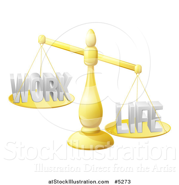 Vector Illustration of a 3d Imbalanced Golden Scales with Work and Life Equally