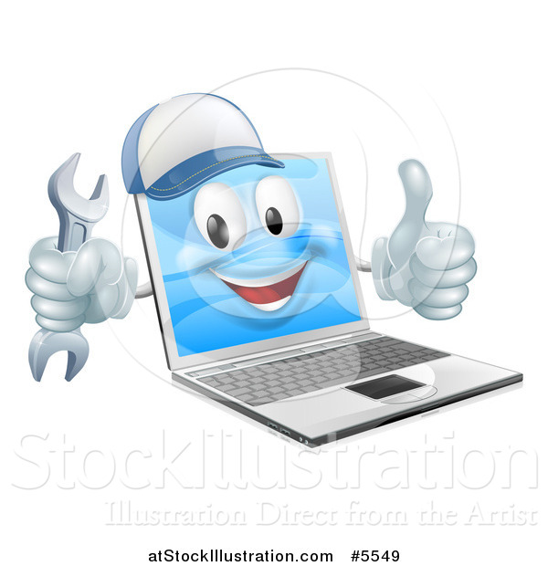 Vector Illustration of a 3d Laptop Computer Repair Character Holding a Wrench and Thumb up