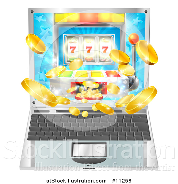 Vector Illustration of a 3d Laptop Computer with a Slot Machine and Coins Flying out from the Screen