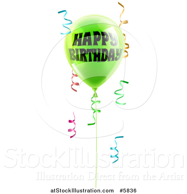 Vector Illustration of a 3d Lime Green Party Balloon and Confetti Ribbons with Happy Birthday Text