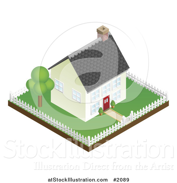 Vector Illustration of a 3d Little House and Fenced Property