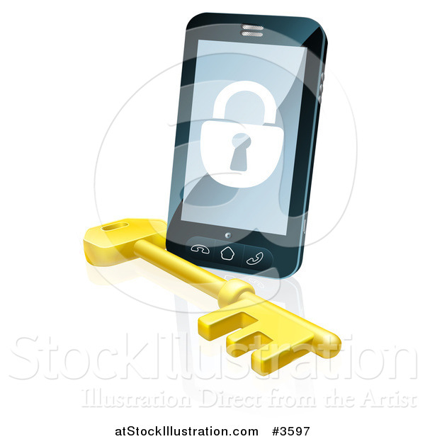 Vector Illustration of a 3d Locked Cell Phone with a Skeleton Key