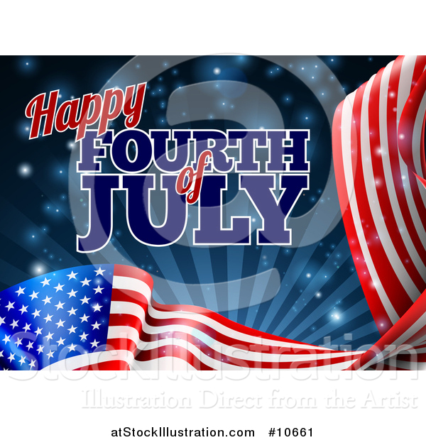 Vector Illustration of a 3d Long American Flag and Fourth of July Text over Dark Blue Sky with Rays and Flares