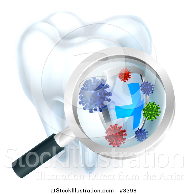 Vector Illustration of a 3d Magnifying Glass Discovering a Shield and Germs or Bacteria on a Tooth