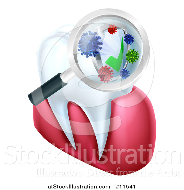 Vector Illustration of a 3d Magnifying Glass Discovering Germs or Bacteria on a Tooth and Gums