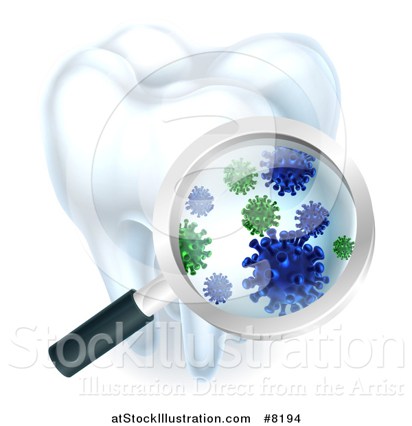 Vector Illustration of a 3d Magnifying Glass Discovering Germs or Bacteria on a Tooth