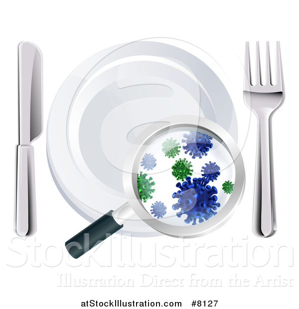 Vector Illustration of a 3d Magnifying Glass Revealing Germs and Bacteria on a Plate and Silverware