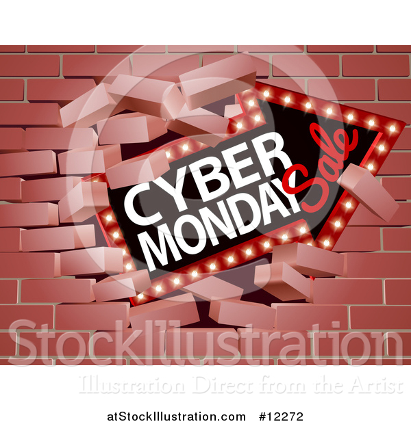 Vector Illustration of a 3d Marquee Arrow Sign with Cyber Monday Sale Text Breaking Through a Brick Wall