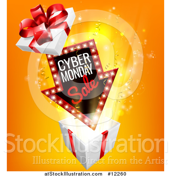 Vector Illustration of a 3d Marquee Arrow Sign with Cyber Monday Sale Text over a Gift Box