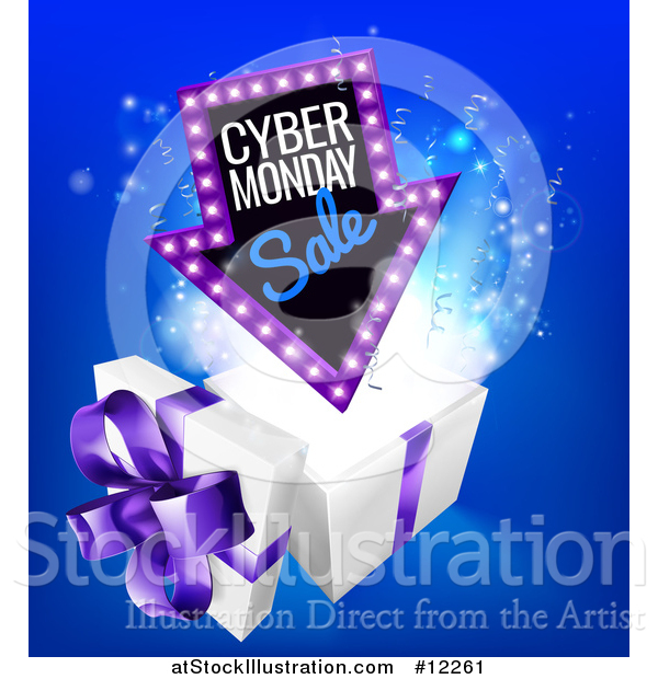 Vector Illustration of a 3d Marquee Arrow Sign with Cyber Monday Sale Text over a Gift Box