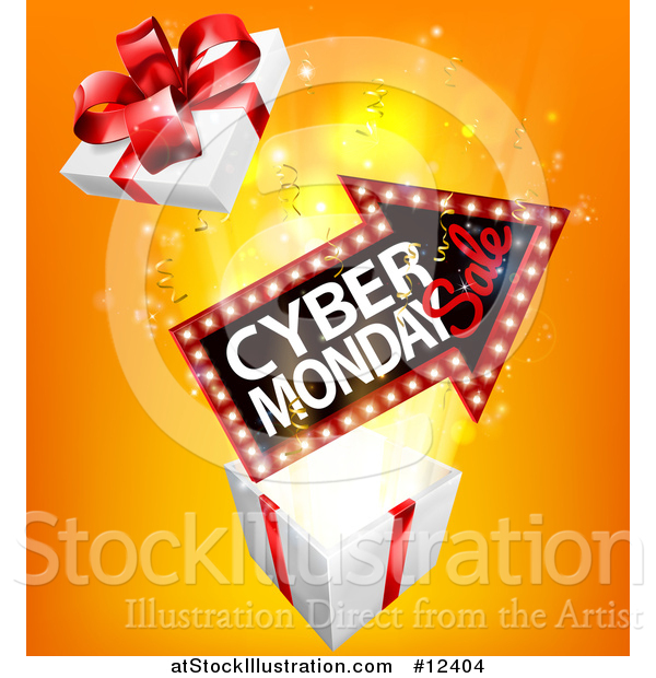 Vector Illustration of a 3d Marquee Arrow Sign with Cyber Monday Sale Text over a Gift Box