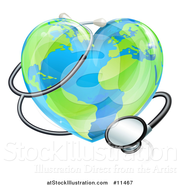 Vector Illustration of a 3d Medical Stethoscope Around a Heart World Earth Globe