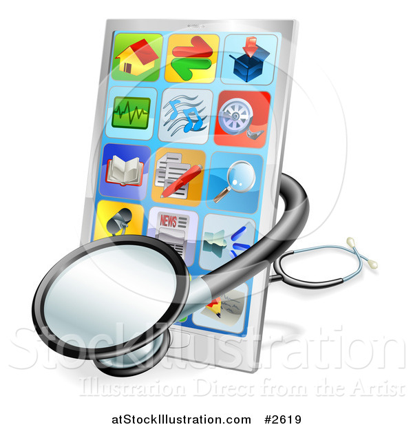 Vector Illustration of a 3d Medical Stethoscope Around a Touch Screen Smart Cell Phone