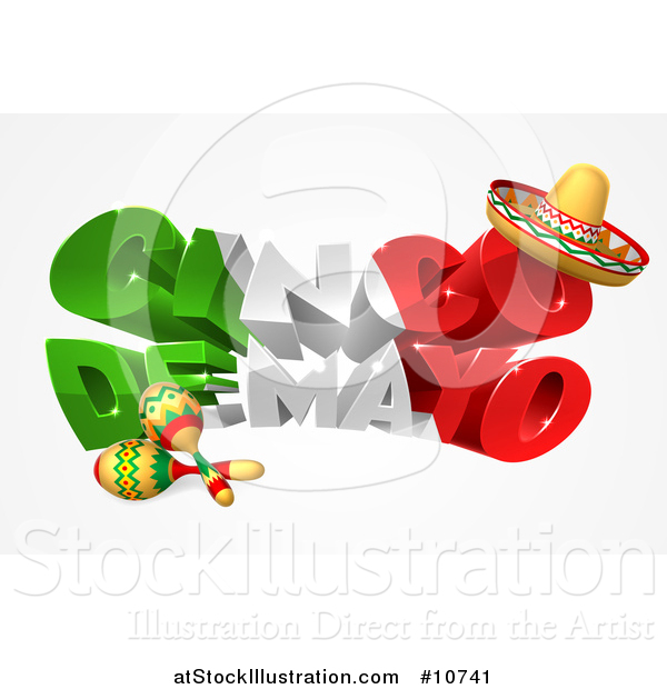 Vector Illustration of a 3d Mexican Flag Colored Happy Cinco De Mayo Design with a Sombrero Hat and Maracas