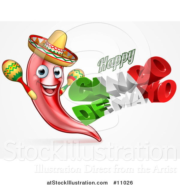 Vector Illustration of a 3d Mexican Flag Colored Happy Cinco De Mayo Text Design with a Chile Pepper Mascot Holding Maracas