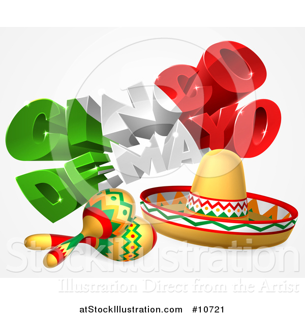 Vector Illustration of a 3d Mexican Flag Colored Happy Cinco De Mayo Text Design with a Sombrero and Maracas