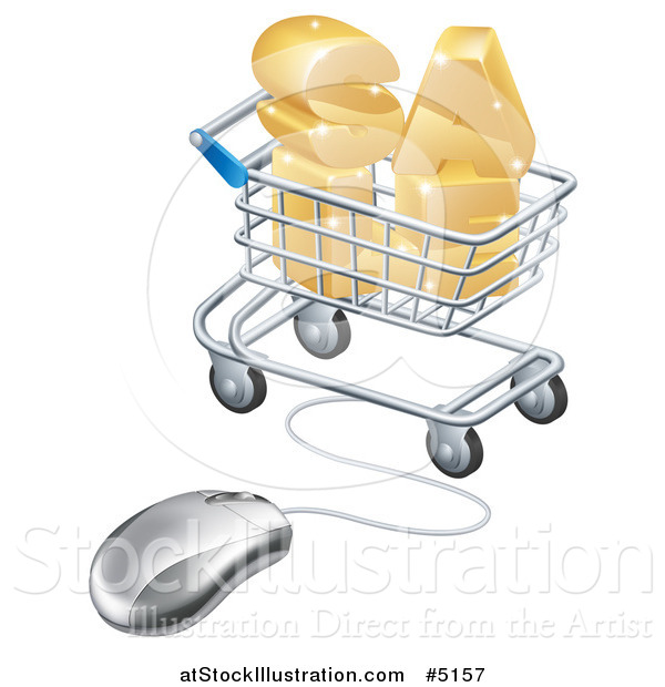 Vector Illustration of a 3d Mouse Wired to a Shopping Cart with Golden SALE