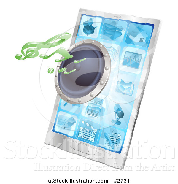 Vector Illustration of a 3d Music Notes and Speaker Emerging from a Cell Phone