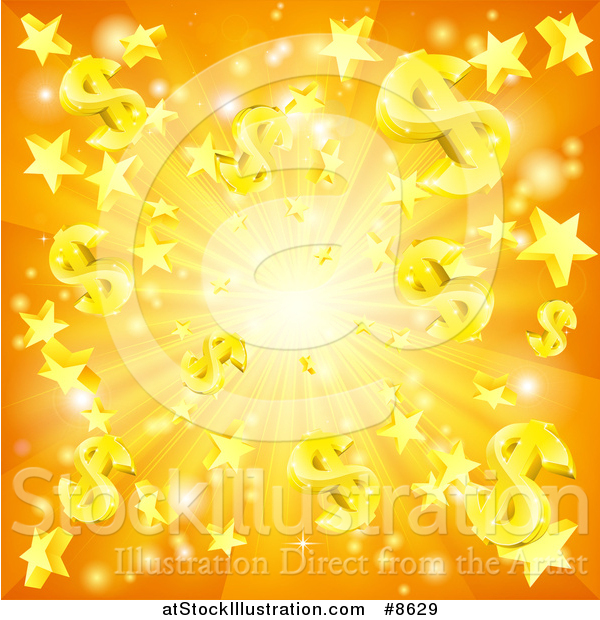 Vector Illustration of a 3d Orange Burst of Dollar Currency Symbols and Stars