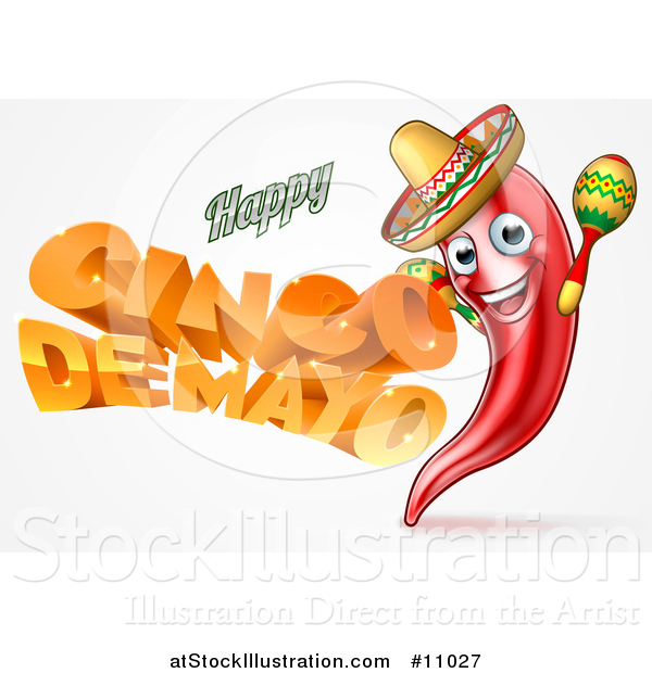 Vector Illustration of a 3d Orange Happy Cinco De Mayo Text with a Chile Pepper Character Wearing a Sombrero and Playing Maracas