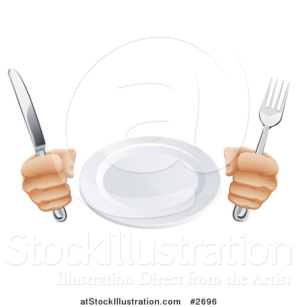 Vector Illustration of a 3d Pair of Hands Holding a Knife and Fork by a Plate
