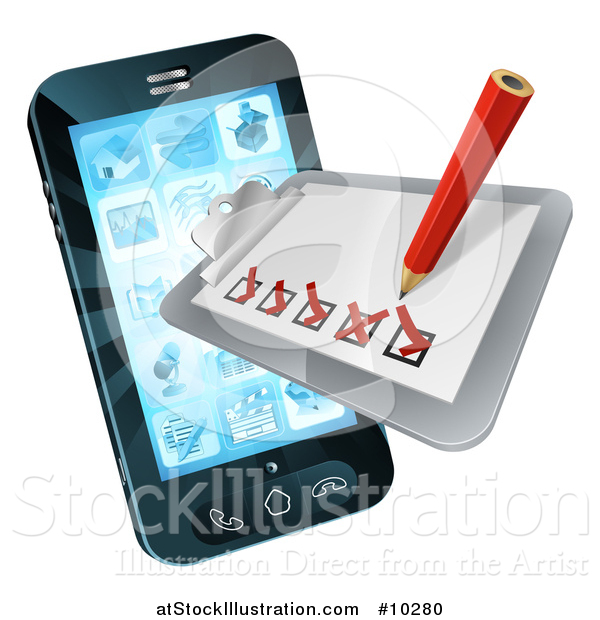 Vector Illustration of a 3d Pencil and Survey Check List Emerging from a Smart Cell Phone Screen