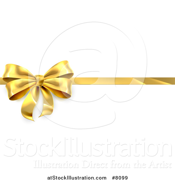 Vector Illustration of a 3d Perfect Gold Christmas, Birthday or Other Holiday Bow and Ribbon on a Gift, over Shaded White