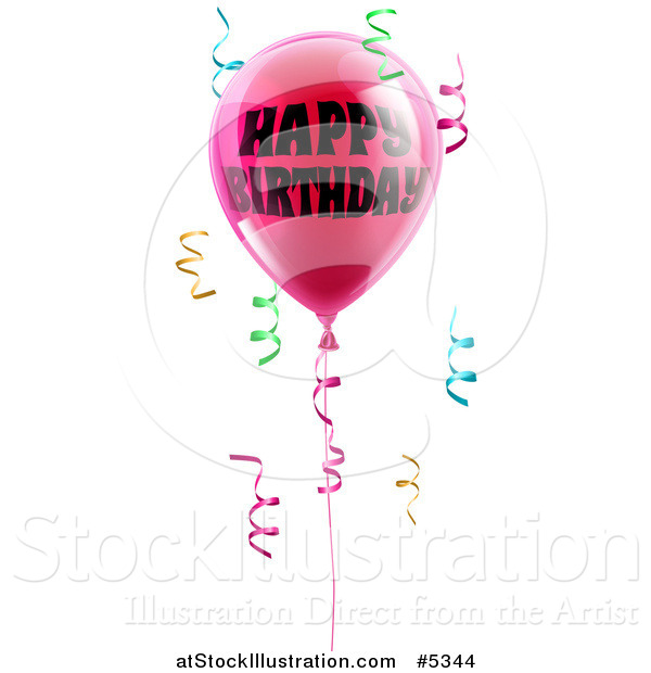 Vector Illustration of a 3d Pink Party Balloons and Confetti Ribbons with Happy Birthday Text