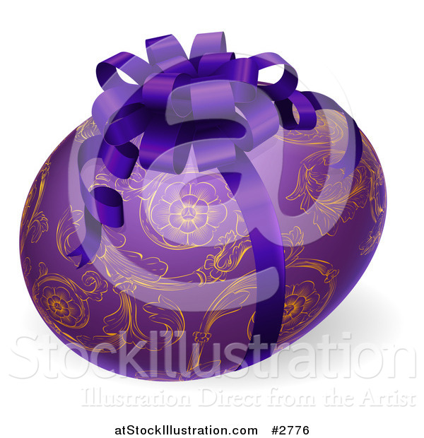 Vector Illustration of a 3d Purple Easter Egg with an Ornate Floral Pattern and Bow