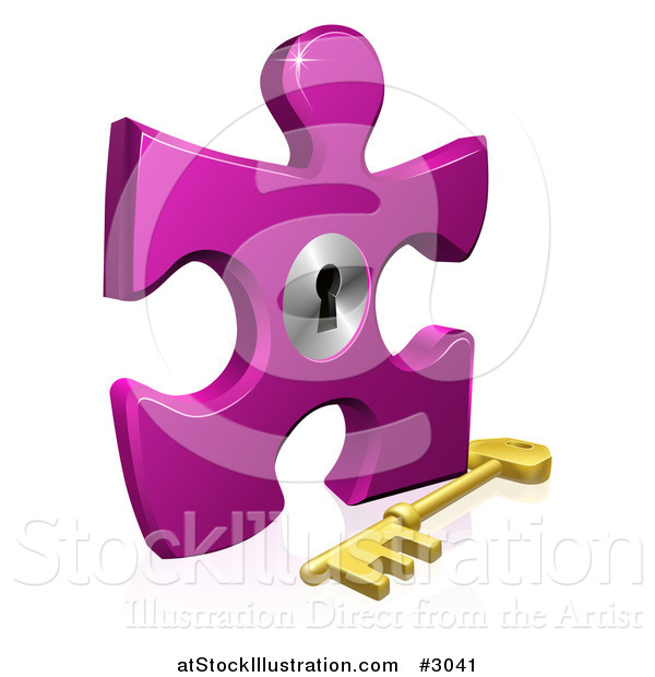 Vector Illustration of a 3d Purple Puzzle Piece Lock with a Skeleton Key