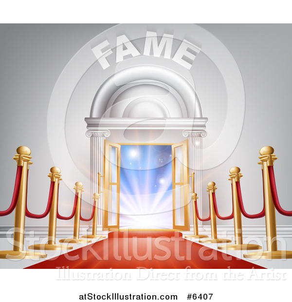 Vector Illustration of a 3d Red Carpet and Posts Leading to Lights in an Open Doorway with Fame Text