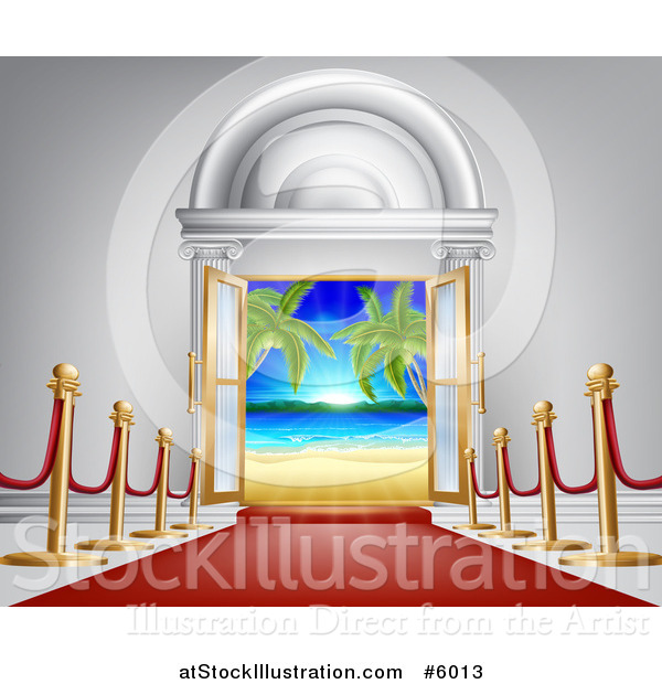 Vector Illustration of a 3d Red Carpet Leading to a Doroway with a Tropical Beach