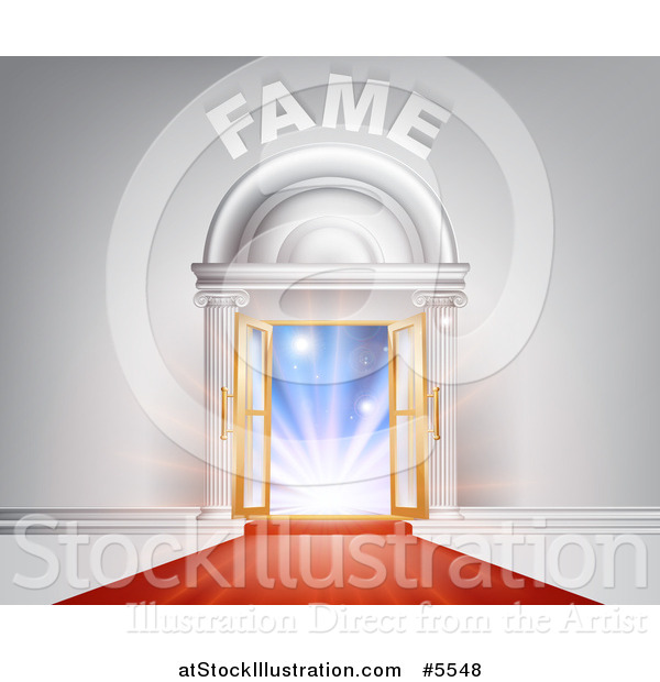 Vector Illustration of a 3d Red Carpet Leading to Lights in an Open Doorway with Fame Text