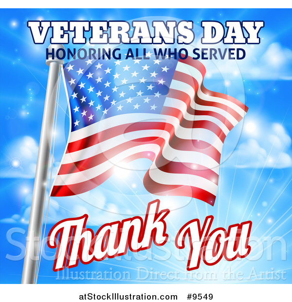 Vector Illustration of a 3d Rippling American Flag with Veterans Day Honoring All Who Served Thank You Text and Sky