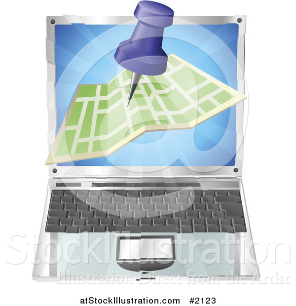 Vector Illustration of a 3d Road Map and Pin over a Laptop Computer