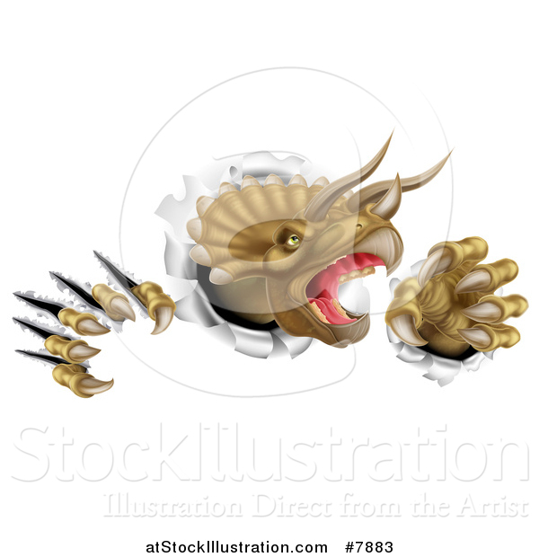 Vector Illustration of a 3d Roaring Angry Triceratops Dinosaur Shredding Through a Wall