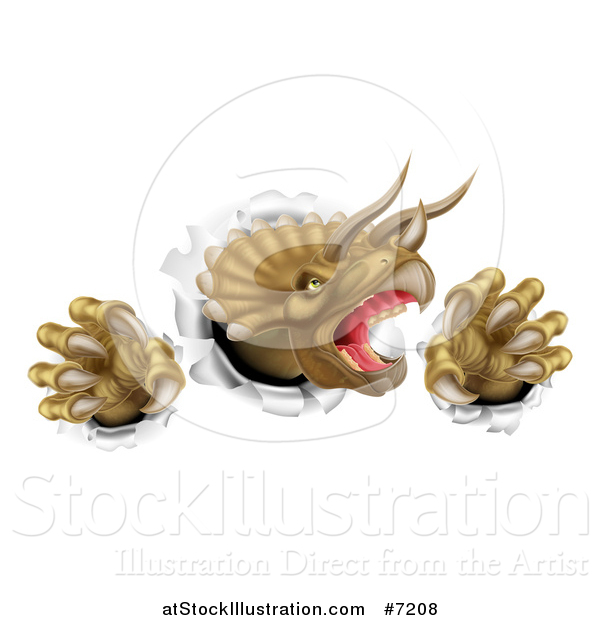 Vector Illustration of a 3d Roaring Angry Triceratops Dinosaur Slashing Through a Wall