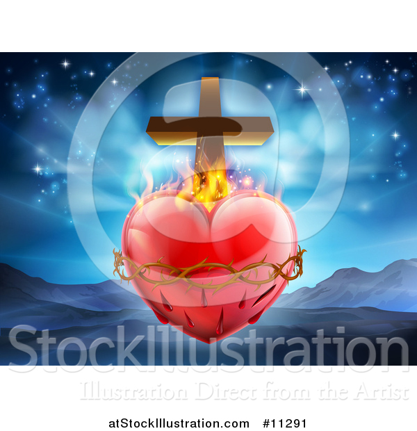 Vector Illustration of a 3d Sacred Heart with Fire Thorns and a Cross over Mountains