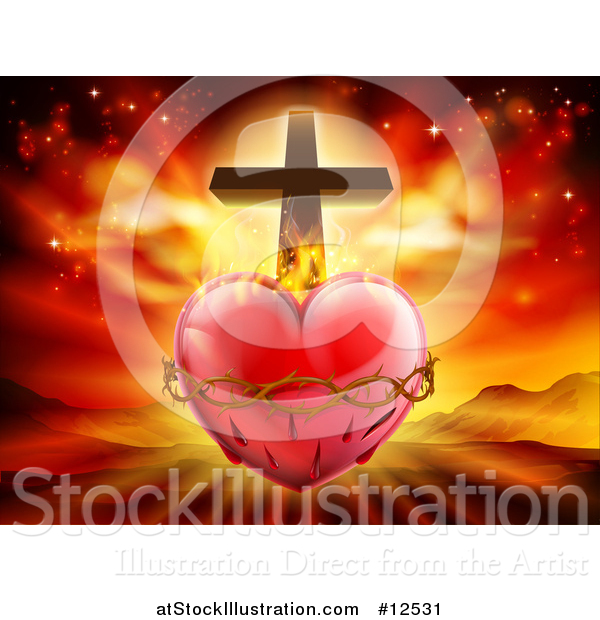 Vector Illustration of a 3d Sacred Heart with Fire Thorns and a Cross over Mountains
